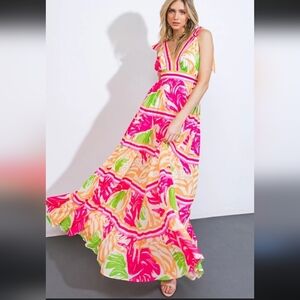 Flying Tomato Take the Trails Woven Maxi Dress Fuschia Orange Tropical Size M